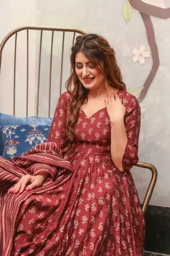 Glamorous Maroon Colour Fancy And Elegant Partywear Girlish Dress