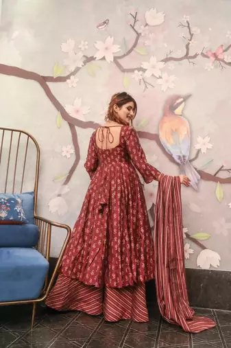 Glamorous Maroon Colour Fancy And Elegant Partywear Girlish Dress