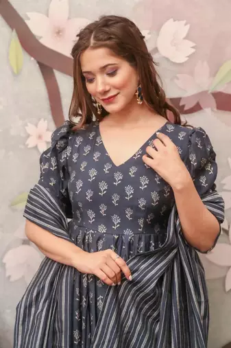 Glamorous Grey Colour Fancy And Elegant Partywear Girlish Dress
