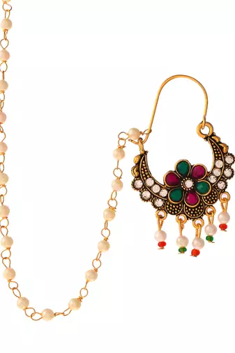 Gold plated ethnic wedding bridal chained nose ring