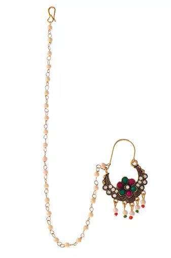 Gold plated ethnic wedding bridal chained nose ring