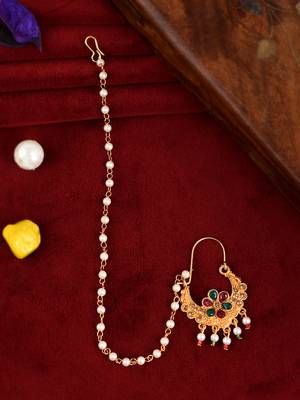 Gold plated ethnic wedding bridal chained nose ring 1
