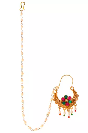 Gold plated ethnic wedding bridal chained nose ring