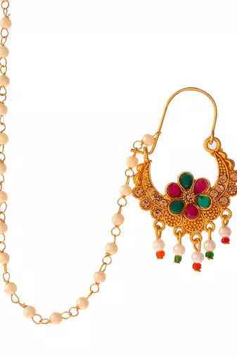 Gold plated ethnic wedding bridal chained nose ring