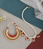 Gold plated kundan hand painted pearl chained nose ring