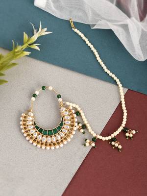 Gold plated kundan hand painted pearl chained nose ring 1