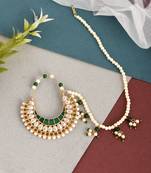 Gold plated kundan hand painted pearl chained nose ring