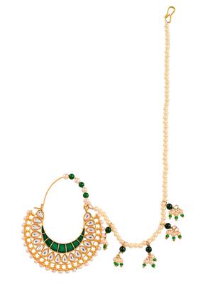 Gold plated kundan hand painted pearl chained nose ring 2