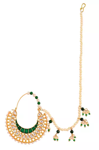 Gold plated kundan hand painted pearl chained nose ring