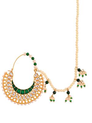 Gold plated kundan hand painted pearl chained nose ring 3