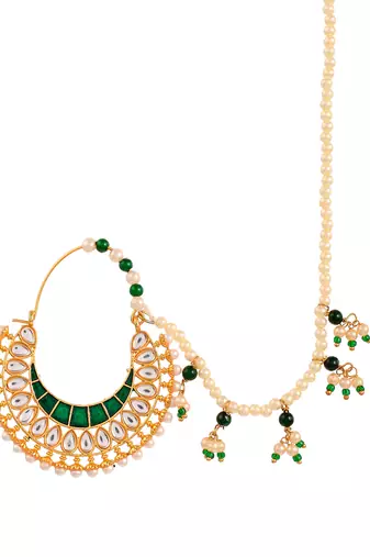 Gold plated kundan hand painted pearl chained nose ring