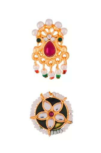 Set of 2 gold plated kundan studded meenakari nosepin