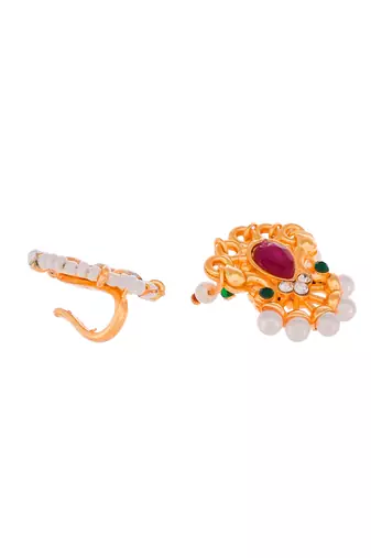Set of 2 gold plated kundan studded meenakari nosepin