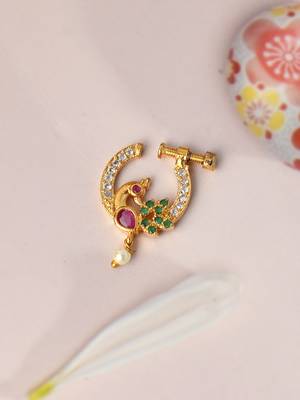 Gold plated green & white stone studded peacock meenakari nose ring 1