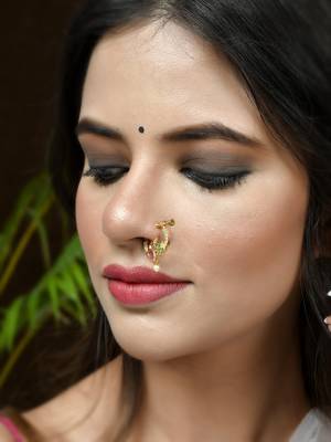 Gold plated green & white stone studded peacock meenakari nose ring 2