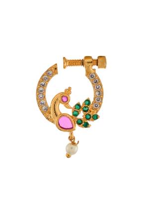 Gold plated green & white stone studded peacock meenakari nose ring 3