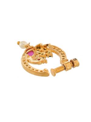 Gold plated green & white stone studded peacock meenakari nose ring 4