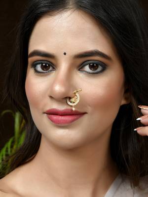 Gold plated green & white stone studded floral meenakari nose ring 1