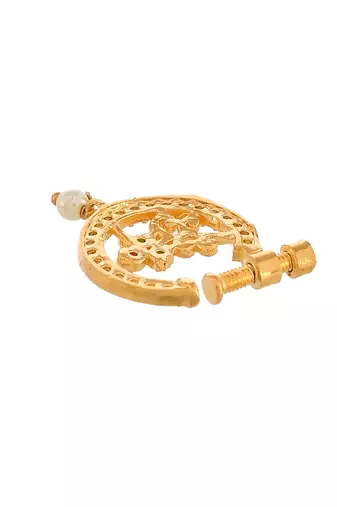 Gold plated green & white stone studded floral meenakari nose ring