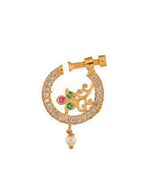Gold plated green & white stone studded floral meenakari nose ring 3
