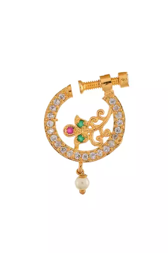 Gold plated green & white stone studded floral meenakari nose ring