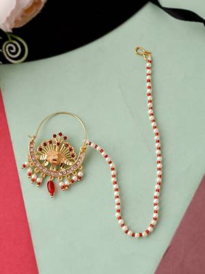 Gold plated meenakari pearl beaded chained nose ring 1
