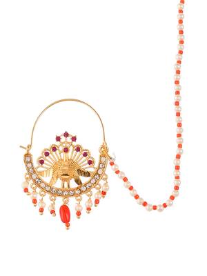 Gold plated meenakari pearl beaded chained nose ring 3