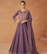 Dark mauve color premium silk embroidered stitched anarkali suit