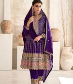 Violet color silk blend embroidered stitched designer suit