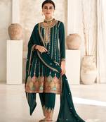 Dark green color premium silk embroidered stitched designer suit