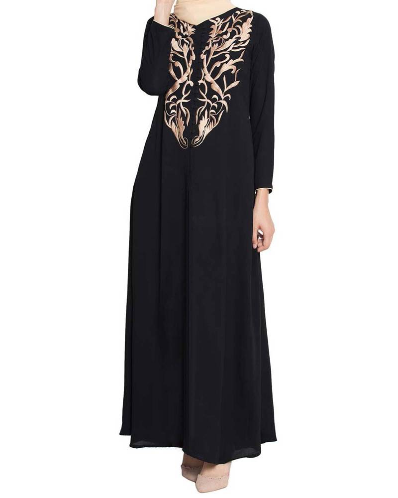 AENI-GORGEOUS FRONT OPEN ABAYA WITH 
EMBROIDERY AND LOOP BOTTONS-BLACK