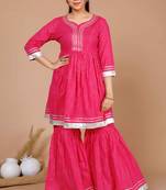 Womens pink printed a line gotta patti lurex cotton kurti with sharara