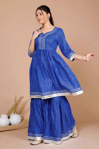 Womens blue printed pure cotton a line kurti with sharara