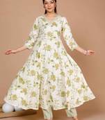 womens green & cream printed pure cotton kurta with palazzo