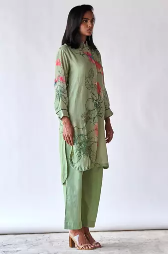 Pistachio floral printed bemberg silk co-ord set