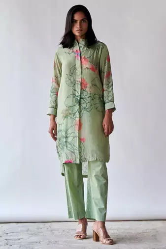 Pistachio floral printed bemberg silk co-ord set