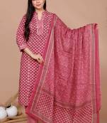 womens pink straight floral printed kurta & palazzo with dupatta set