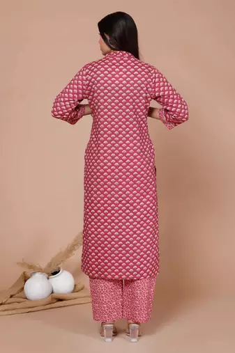 womens pink straight floral printed kurta & palazzo with dupatta set