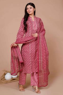 womens pink straight floral printed kurta & palazzo with dupatta set 4