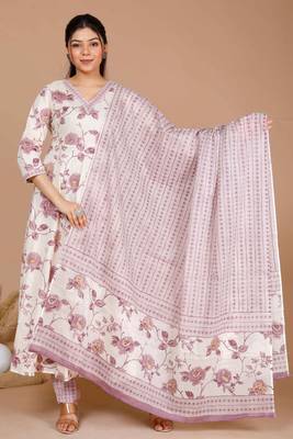 womens pink floral print anarkali kurta with palazzo & dupatta set 1