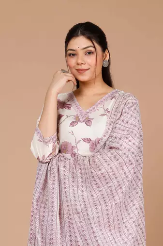 womens pink floral print anarkali kurta with palazzo & dupatta set