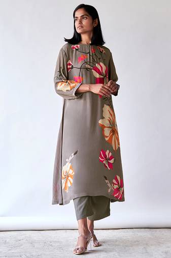 Grey floral printed bemberg silk co-ord set