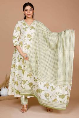 womens green printed anarkali kurta with palazzo and dupatta 1