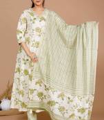 womens green printed anarkali kurta with palazzo and dupatta