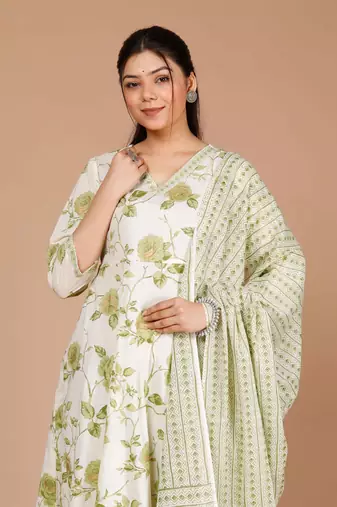 womens green printed anarkali kurta with palazzo and dupatta