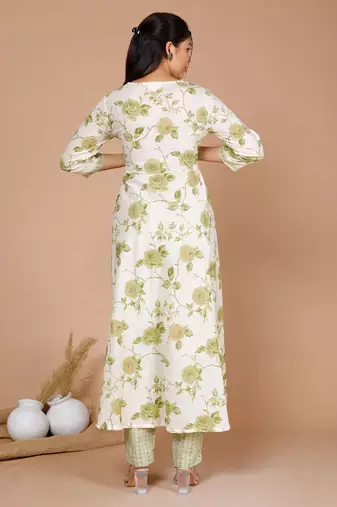 womens green printed anarkali kurta with palazzo and dupatta