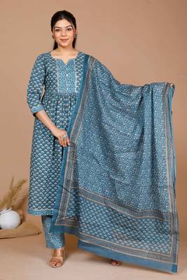 womens blue ethnic motifs printed gotta patti cotton kurta with palazzo & dupatta 1