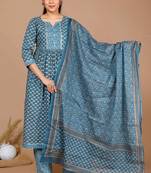 womens blue ethnic motifs printed gotta patti cotton kurta with palazzo & dupatta
