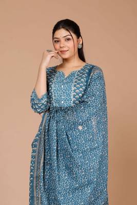 womens blue ethnic motifs printed gotta patti cotton kurta with palazzo & dupatta 2
