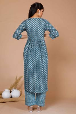 womens blue ethnic motifs printed gotta patti cotton kurta with palazzo & dupatta 3